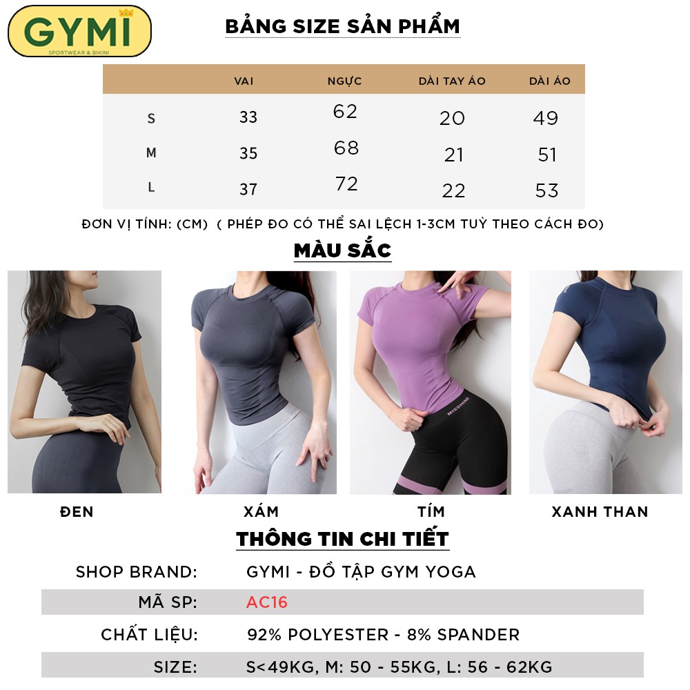 Áo tập gym yoga nữ body GYMI AC16 dáng áo thun ngắn tay chất dệt thấm mồ co giãn tốt thích hợp thể thao chạy bộ