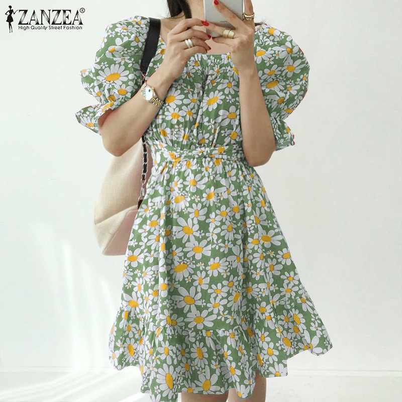 Đầm midi ZANZEA tay ngắn eo thun cổ tròn cho nữ
