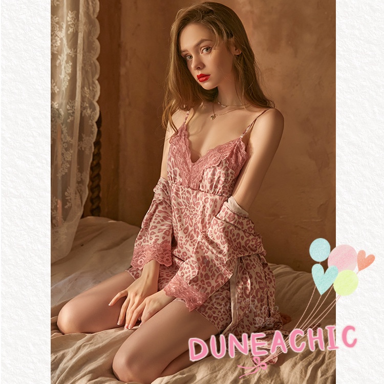 Đầm Ngủ Hai Dây Vải Satin Phối Ren Họa Tiết Da Báo Kèm Áo Choàng Cardigan Dành Cho Nữ