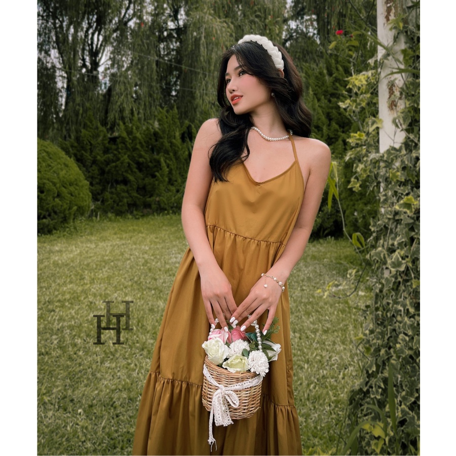 Đầm Babydoll HDC103 dài hở lưng, Váy maxi rộng đi biển màu nâu Hỉn Hỉn Store