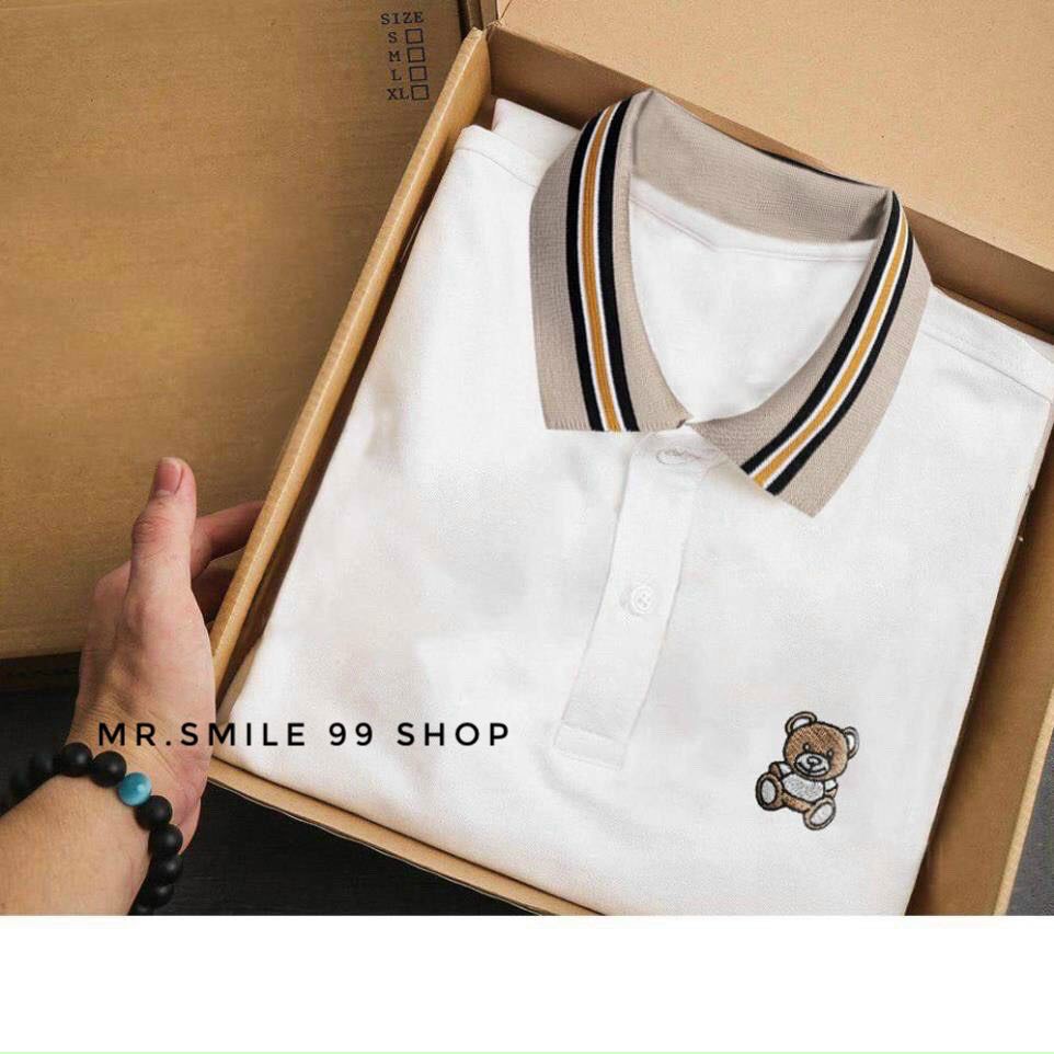 ÁO THUN POLO BASIC TRẮNG ĐEN CỔ BẺ THÊU GẤU MR SMILE 99 SHOP