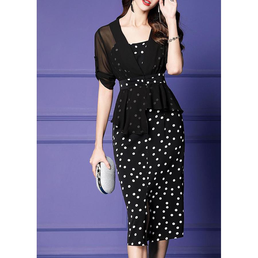 GOTI - Đầm Ôm Dự Tiệc Kiểu 2 Dây In Hoạ Tiết Chấm Bi Phối Áo Khoác Ngắn Voan 3100