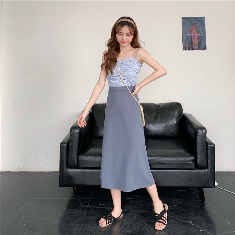 Chân váy midi Xiaozhainv lưng cao form chữ A đơn giản dễ phối đồ | BigBuy360 - bigbuy360.vn