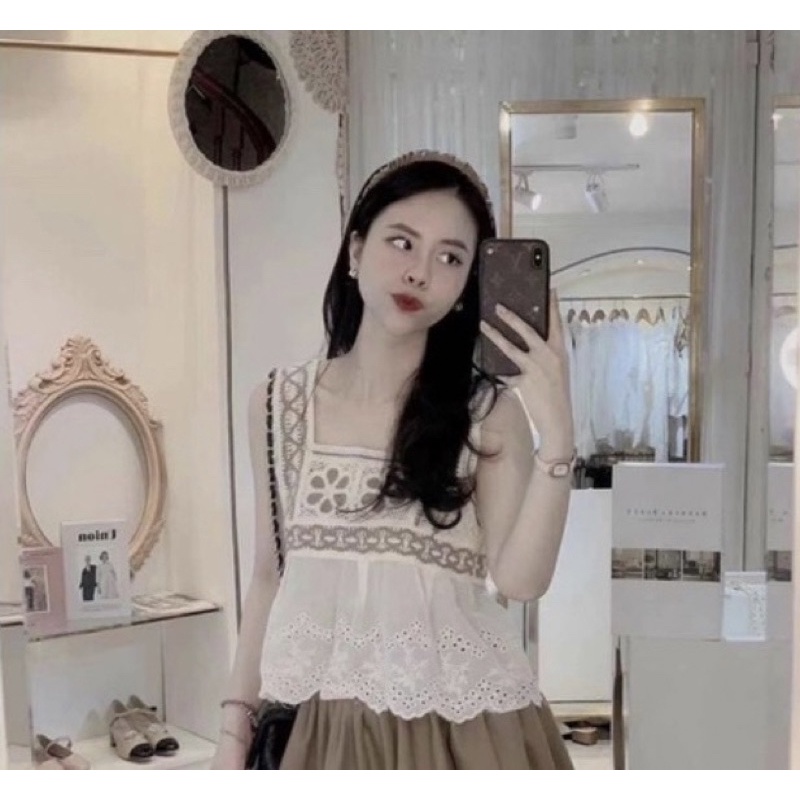 Áo 2 dây bản rộng kiểu thêu hoa babydoll thô nhẹ mát