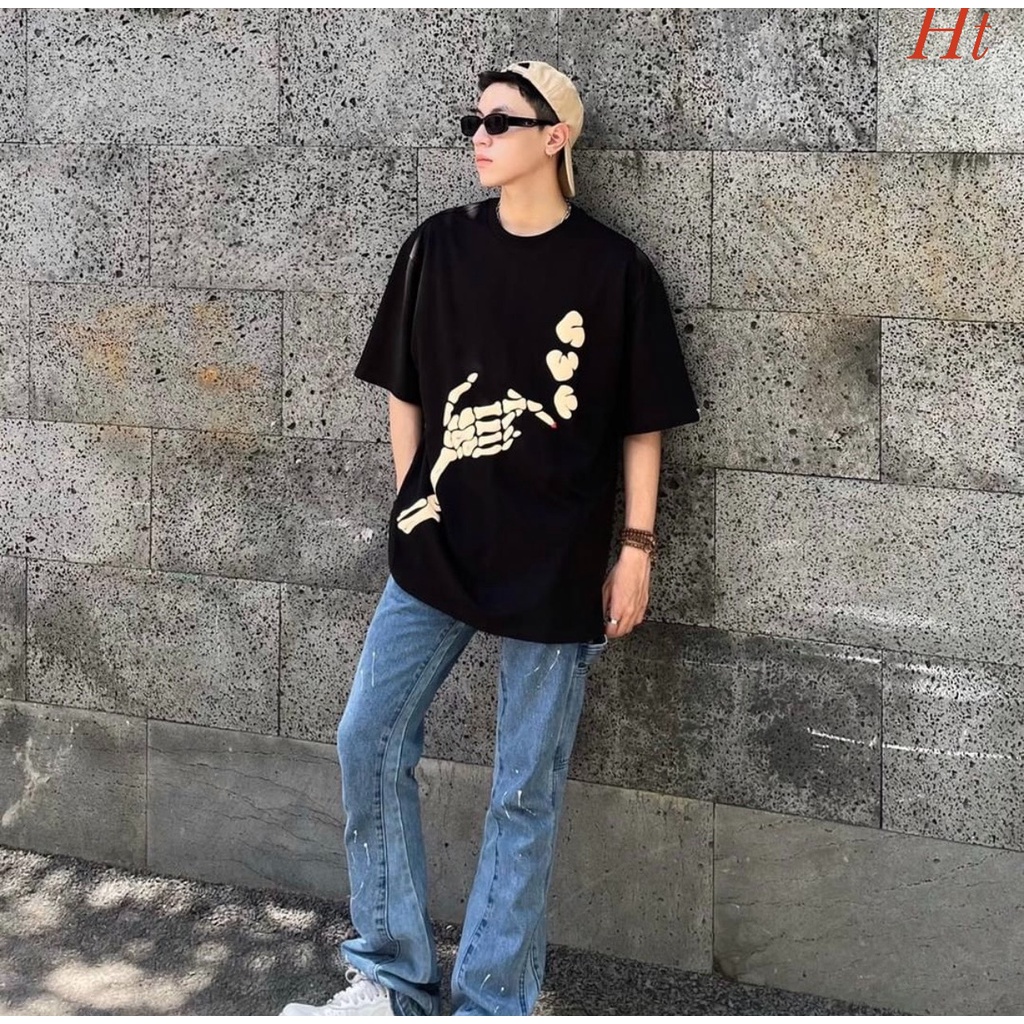 Áo Thun Tay Lỡ Bàn Tay Xương Smoker BIGOMALL - Áo Phông Nam Nữ Unisex Freesize Form Rộng 65kg Chất Cotton