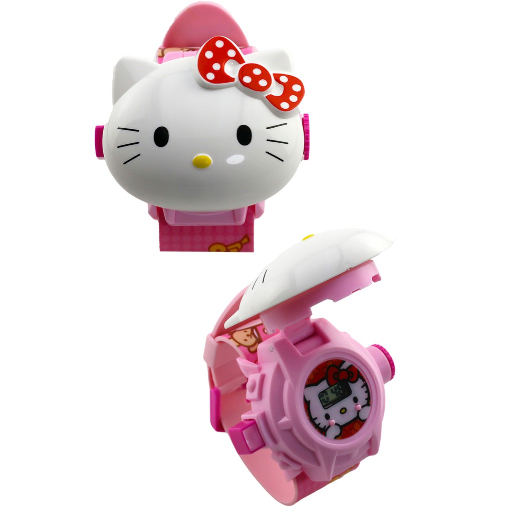 Đồng hồ điện tử đeo tay đồ chơi chiếu 24 hình 3D Mèo hồng cho bé gái không thương hiệu