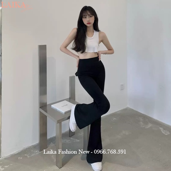 Quần ống loe cạp cao dài con giãn tôn dáng màu đen bigsize dây eo dáng quần legging ống loe ôm lưng chun vải cotton dày