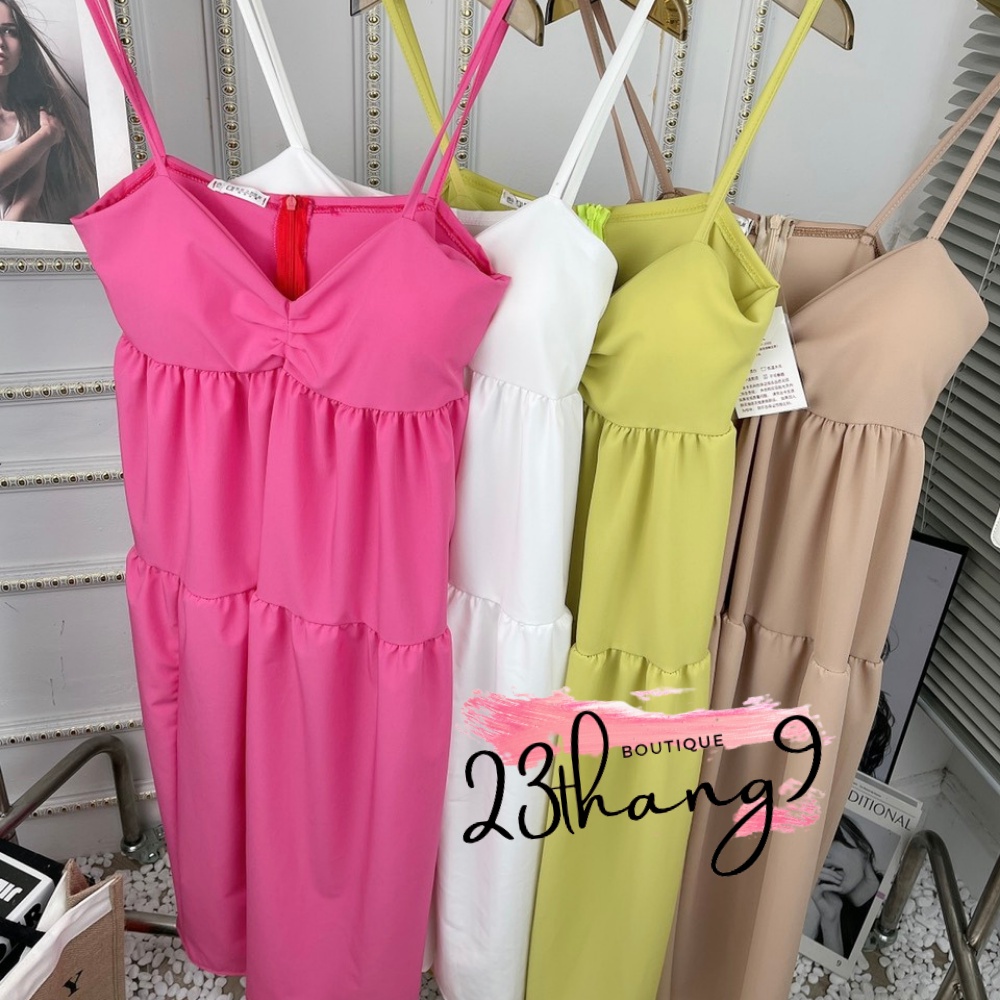 Váy nữ váy đi biển màu trắng màu hồng màu xanh chất thô cao cấp ngực may đệm mút đi tiệc đi phố freesize 23thang9