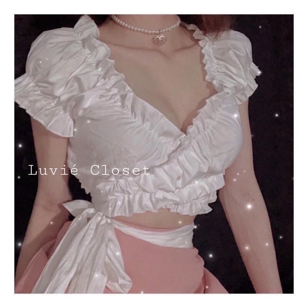 Áo croptop bèo nhún đắp chéo cổ v tay phồng buộc eo, Áo kiểu nữ tiểu thư dễ thương