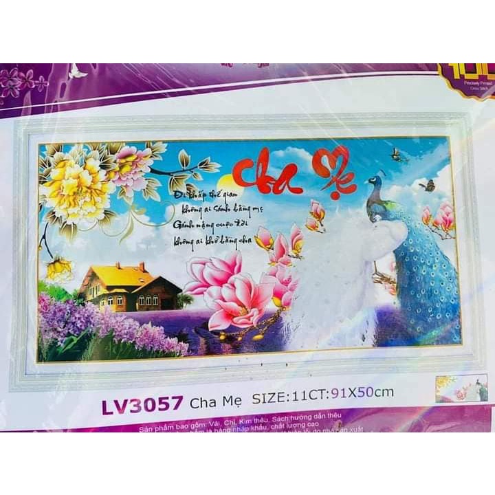 Tranh thêu chữ thập cha mẹ KT:91x50cm, Tranh chưa thêu chưa khung, tặng kéo và sỏ chỉ.