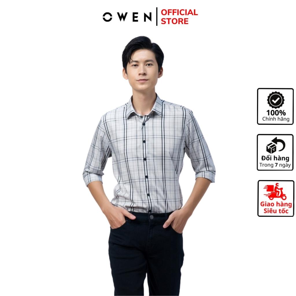 Áo sơ mi dài tay nam OWEN AS220226D công sở Chất Vải Bạc Hà cao cấp Màu Xám Kẻ Caro Be Đen Dáng Ôm Tà Lượn Không Túi