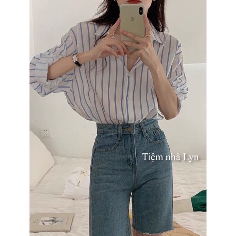 Áo sơ mi nữ kẻ sọc xanh | Sơmi nữ kẻ hàn quốc