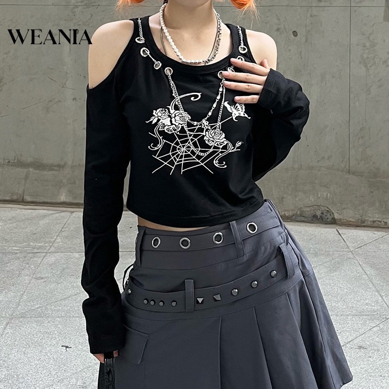 Áo Thun Tay Dài Trễ Vai Hoạ Tiết In Thiết Kế Đơn Giản Hợp Thời Trang