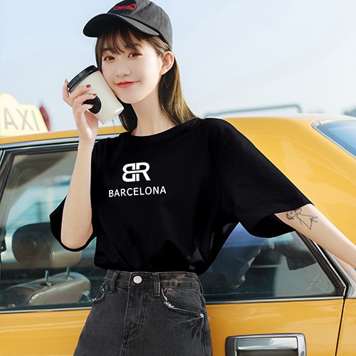 Black loose large size short-sleeved t-shirt women spring and summer new bf wind Korean version of printed cotton bottoms missing women's clothing