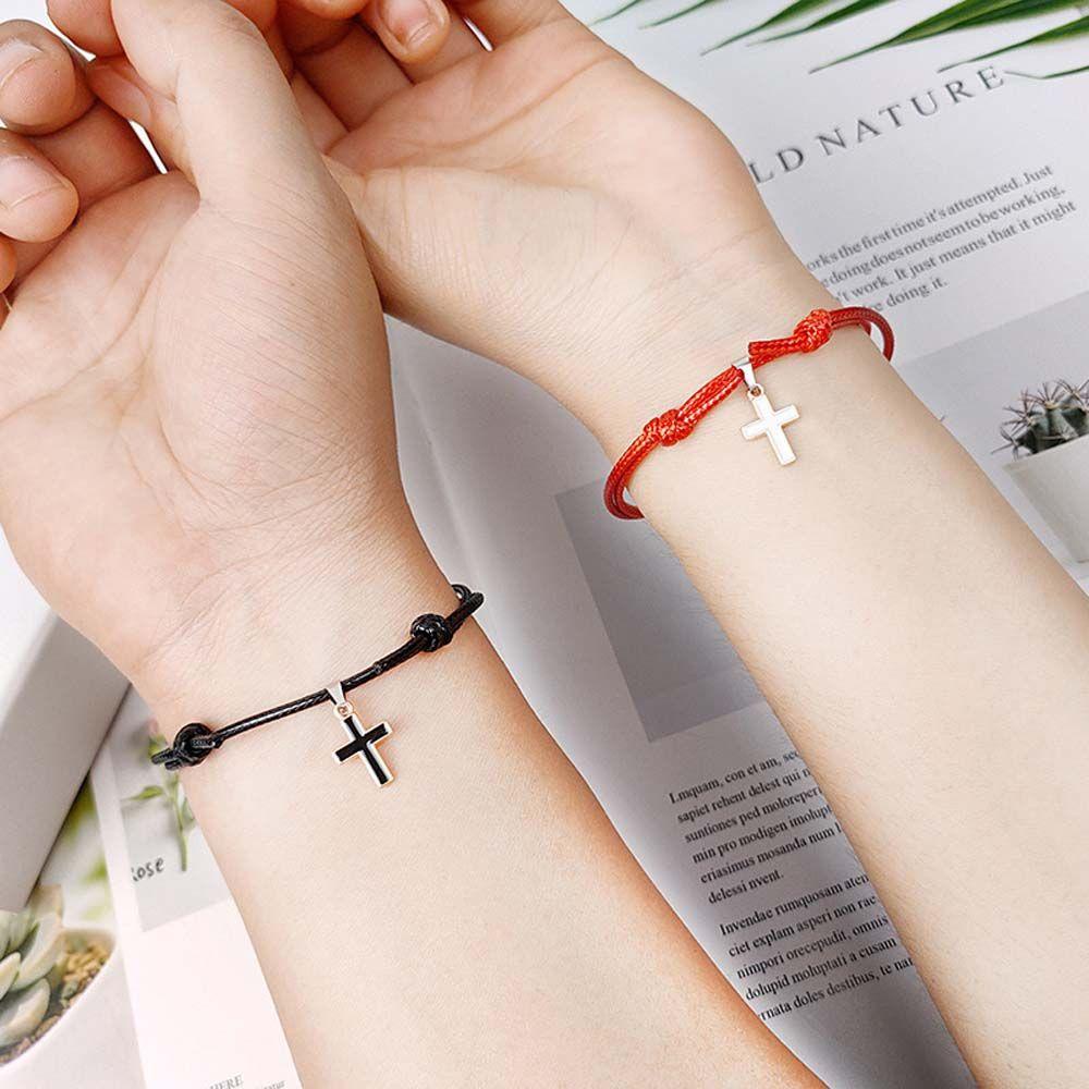 Wmes15h Vòng Tay Dây Bện Mặt Thánh Giá Bằng Hợp Kim Tối Giản Màu Đỏ Đen Trắng Dành Cho Cặp Đôi Bạn Gái