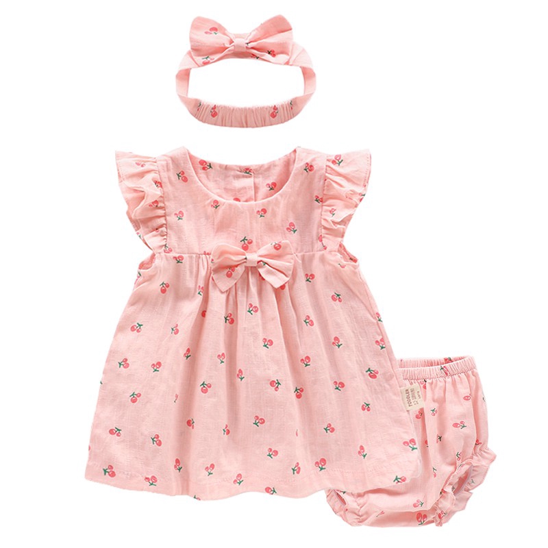 Set đầm & quần & băng đô quấn đầu in hình quả cherry cho bé gái
