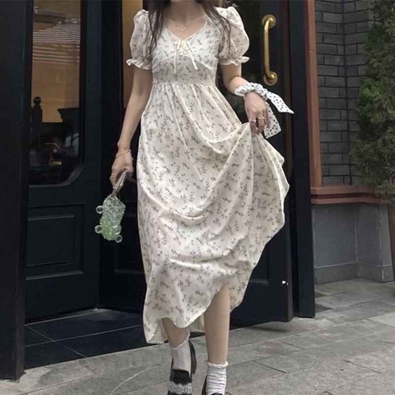 Đầm Xin LAN YA SHE voan tay phồng họa tiết hoa phong cách Pháp váy thiết kế tay bồng