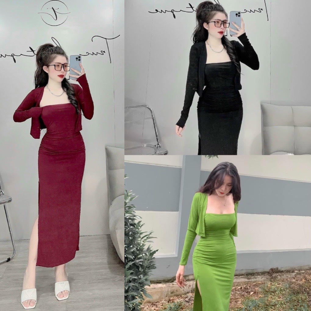 Set đầm body cúp ngực nhún hông xẻ tà kèm áo khoác croptop