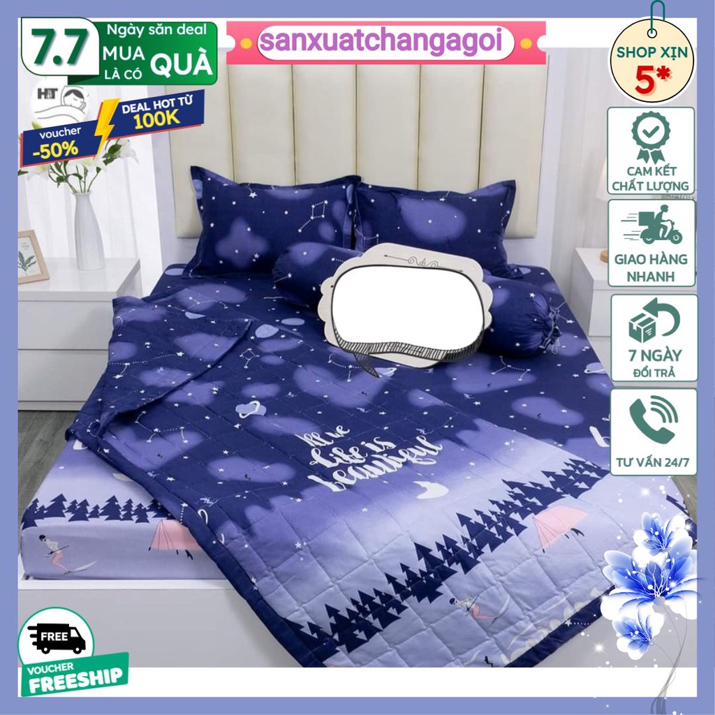 Bộ Ga Gối 4 Món Kèm Vỏ Gối Ôm Cotton Poly 1m2 1m4 1m5 1m6 1m8-sanxuatchangagoi mẫu màn đêm đậm