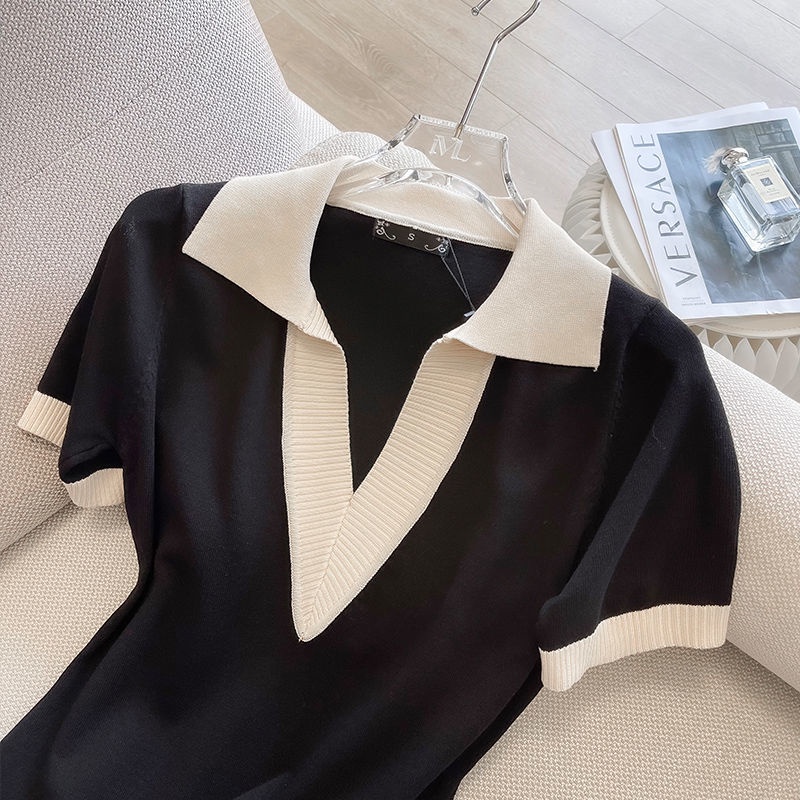 Đầm Dệt Kim Cổ polo Màu Đen Phong Cách Pháp Thời Trang Mùa Hè 2022 Cho Nữ