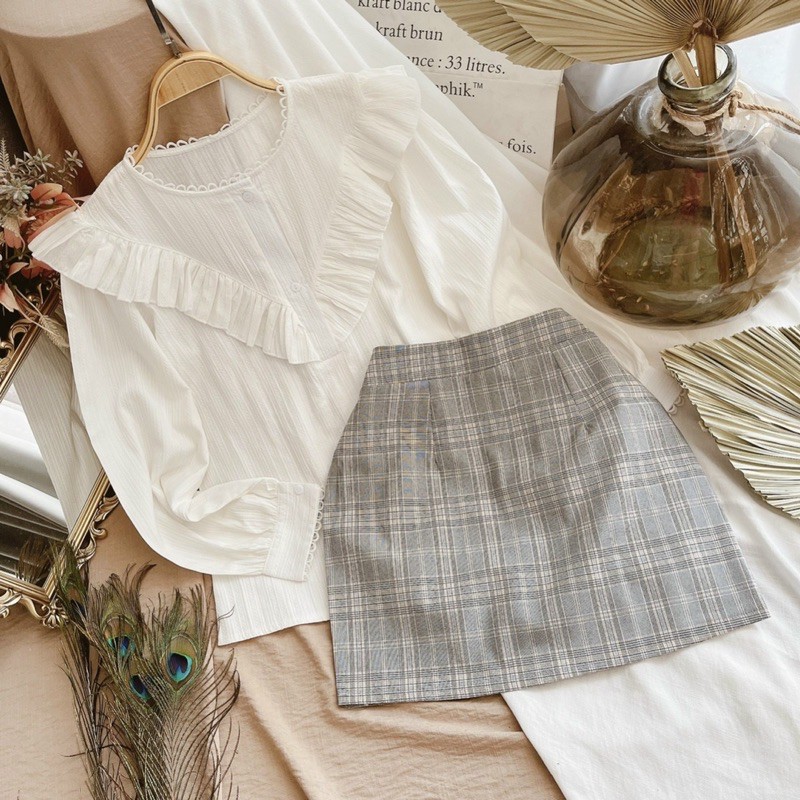 Áo trắng❤️Hình thật❤️Set áo trắng dài tay + chân váy caro