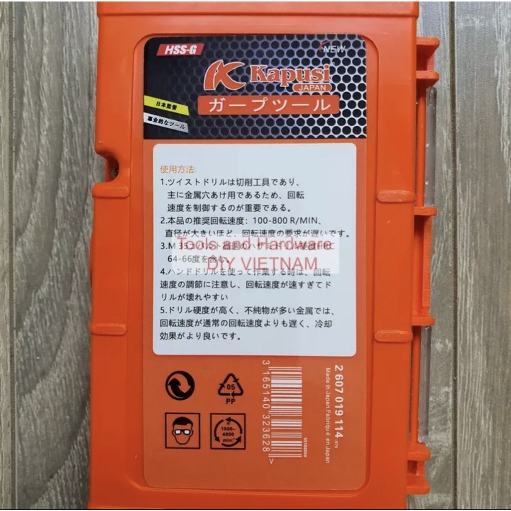 Hộp 5 mũi khoan đa năng hãng Kapusi Nhật Bản các gồm các cỡ hai mũi 6m và mũi 8, 10, 12mm