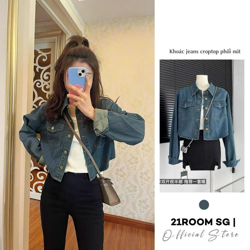 A09 Áo Khoác Jeans Nữ Croptop Tay Dài Có Túi Phối Mặc Ngoài Cực Chất Áo Khoác Denim Jacket Quảng Châu Cao Cấp 21Room