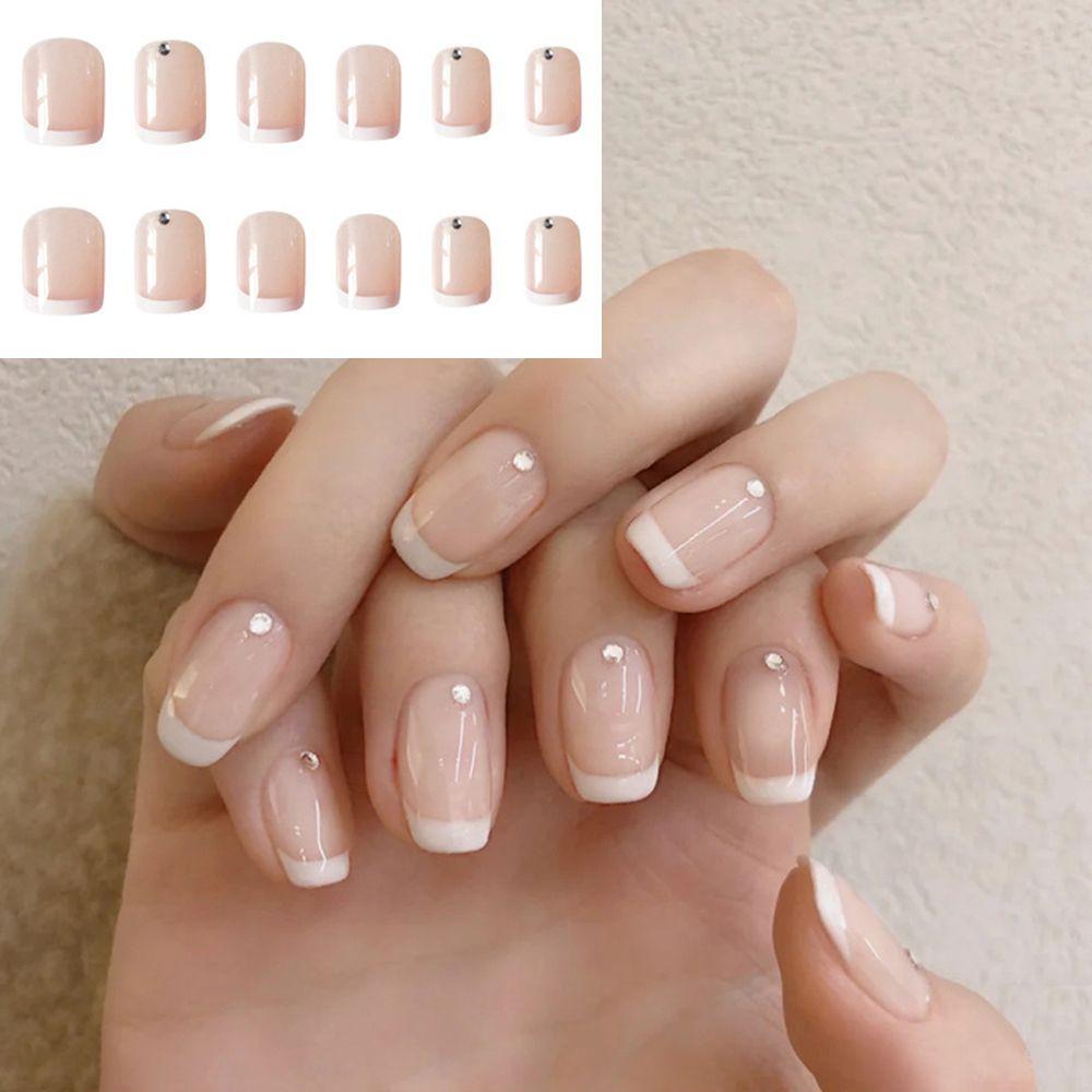 Bộ 24 Móng Tay Giả Đầu Vuông Màu Trắng Che Phủ Toàn Diện