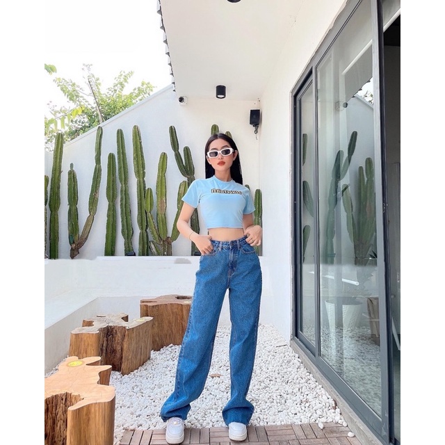 Quần Jeans Suông Ống Rộng Lai Cắt Lưng Cao Dáng Dài