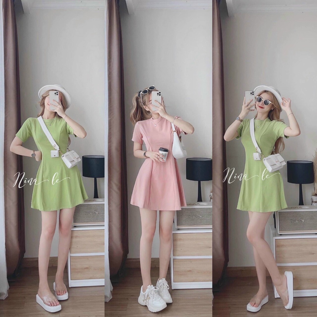 Đầm thun trơn basic cổ tròn dáng xòe, váy thun body maxi ngắn đơn giản dạo phố trẻ trung