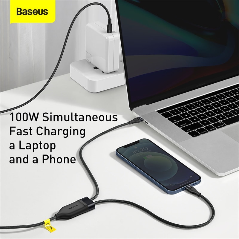 Cáp sạc nhanh Baseus 2 trong 1 PD 100W USB Type C cho iPhone 12 Pro 5A và Xiaomi Samsung