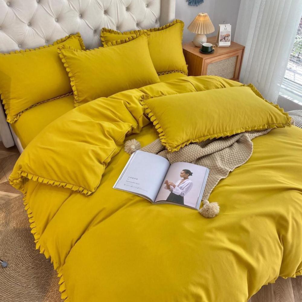 Bộ chăn ga Cotton Tici phối bèo bộ chăn ga Hàn Quốc đủ màu đủ size miễn phí bo chun_hàng không kèm ruột