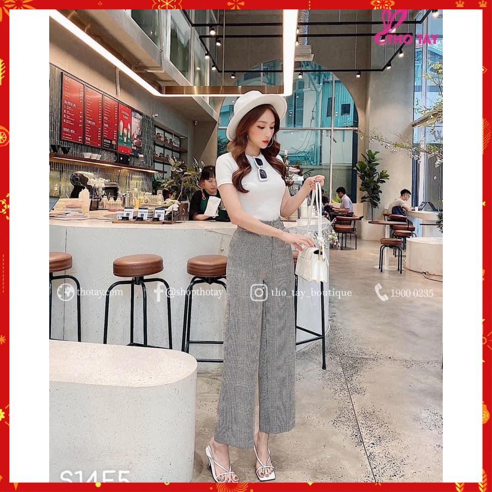 Sét Bộ Đồ Nữ Áo Phông Trắng Kèm Quần Kẻ Chun Siêu Xịn Sò | BigBuy360 - bigbuy360.vn