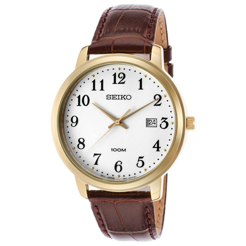 Đồng hồ nam Chính Hãng Seiko SUR114P1 - Dây Da - Mặt Số - 2 Kim Mạng Vàng - Bảo Hành