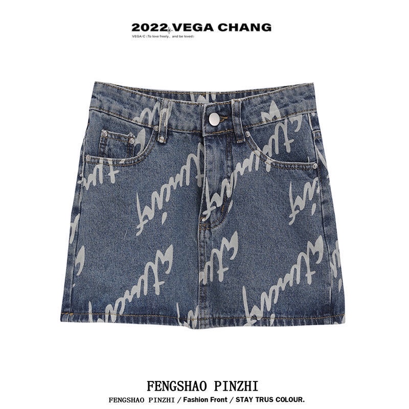 Chân Váy Chữ A Hồng Kông phong cách mới váy denim eo cao mùa hè in retro hot girl ( Order Quảng Châu Cao Cấp )