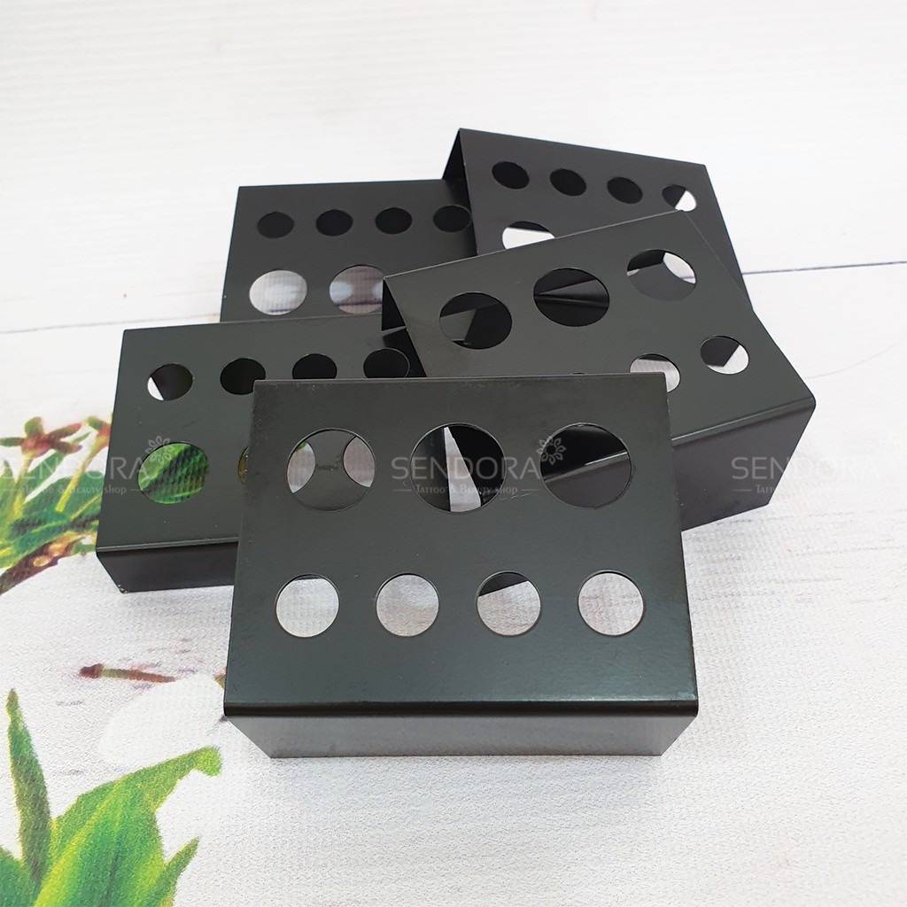 Đế sắt, đế kim loại đựng hũ mực phun xăm 7 lỗ to nhỏ màu đen loại 1
