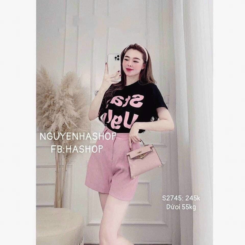 Sét bộ cộc áo đen chữ Stay ugly quần cúc hồng diện lên cự xinh tôn dáng cho các nàng đi dạo phố