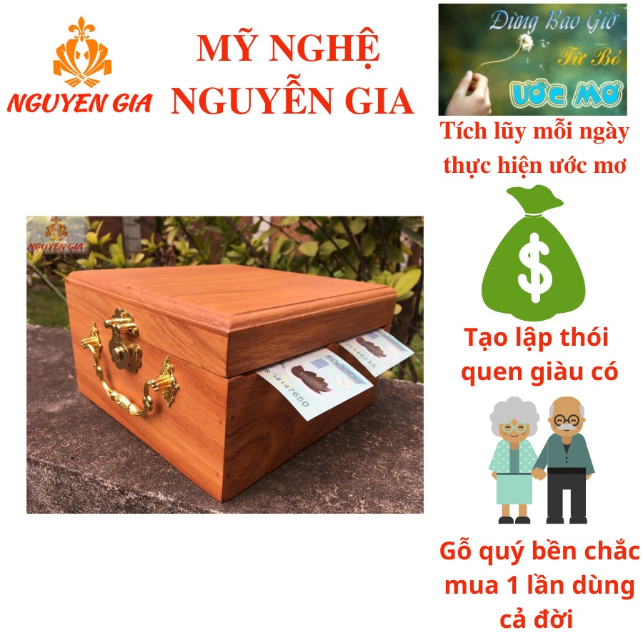 Hộp gỗ đựng tiền tiết kiệm 2 ngăn có khóa (Size Lớn)