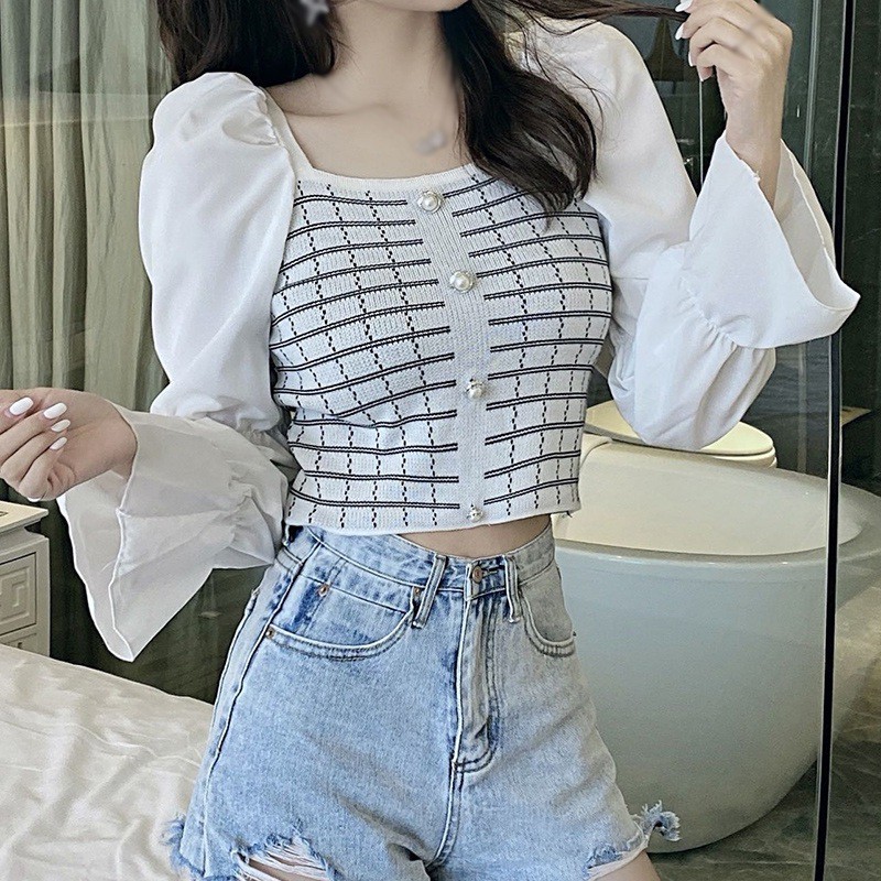 Áo Kiểu Nữ Ca Rô Dài Tay Cổ Tròn Thời Trang