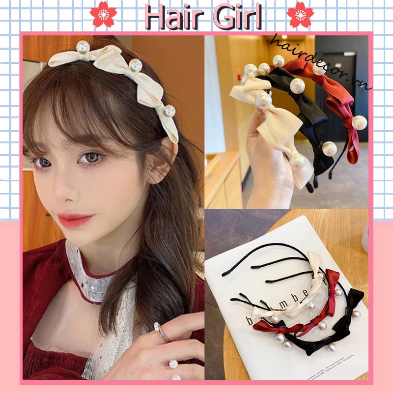 Băng đô cài tóc đính nơ và ngọc trai thời trang Hàn Quốc