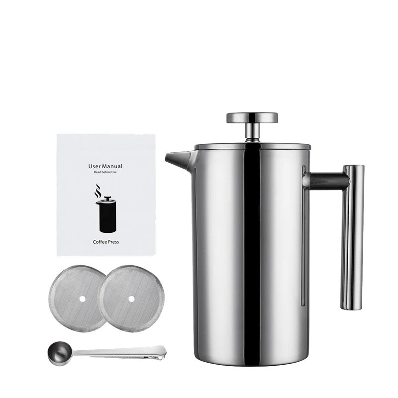 350ML French Press,12Oz, Double Wall Stainless Steel Tea Cafetiere Kettle, with Coffee Measuring Spoon &2 Filter Screens