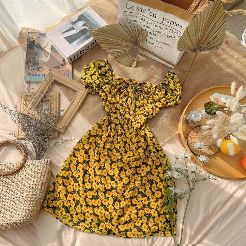 đầm hoa vàng trễ vai basis