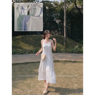 (Ảnh thật) Váy maxi xốp nhăn 2 lớp quai thắt nơ điều chỉnh the.sweaterweather TSW
