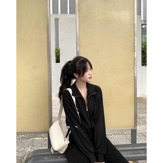 [LOẠI 1] Set Bộ Đồ Nữ Polo Trơn Áo Croptop Khoá kéo Tay Bồng Mix Quần Culottes Ống Suông Rộng Cạp Chun Chất Bo Tăm Đẹp