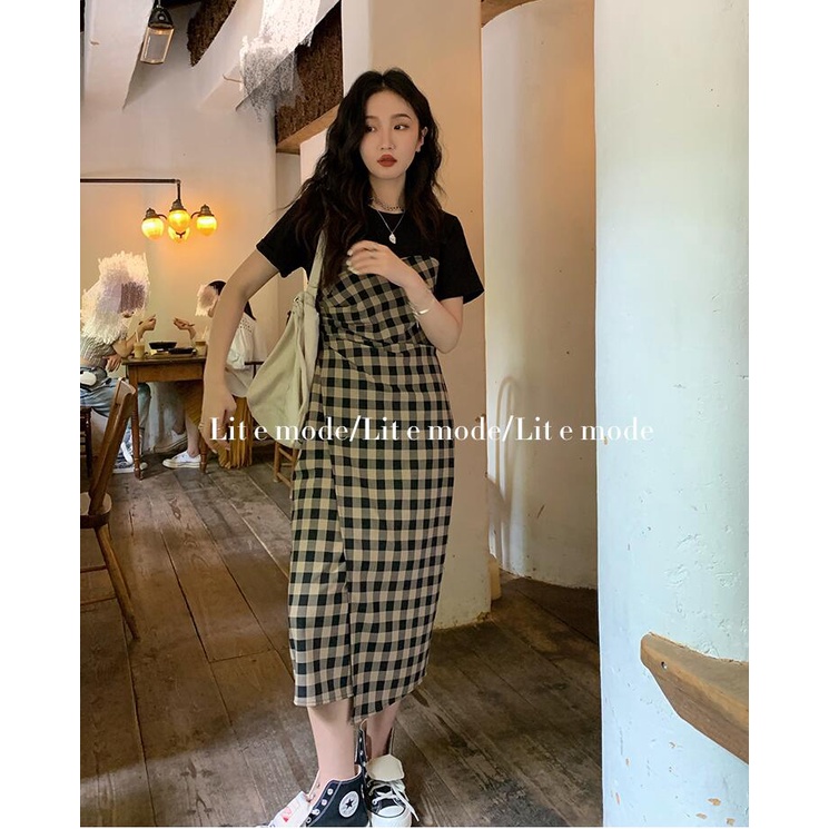 Đầm ngắn SUXI dáng chữ A họa tiết sọc caro phong cách cổ điển thời trang xuân thu xinh xắn cho nữ