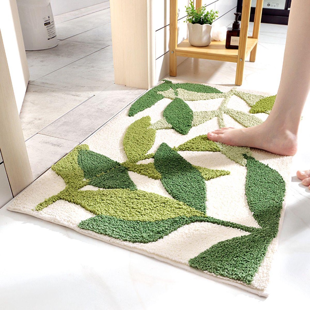 Thảm Lót Sàn Nhà Tắm Bằng Sợi Microfiber Siêu Thấm Hút Chống Trượt Họa Tiết Lá Xanh