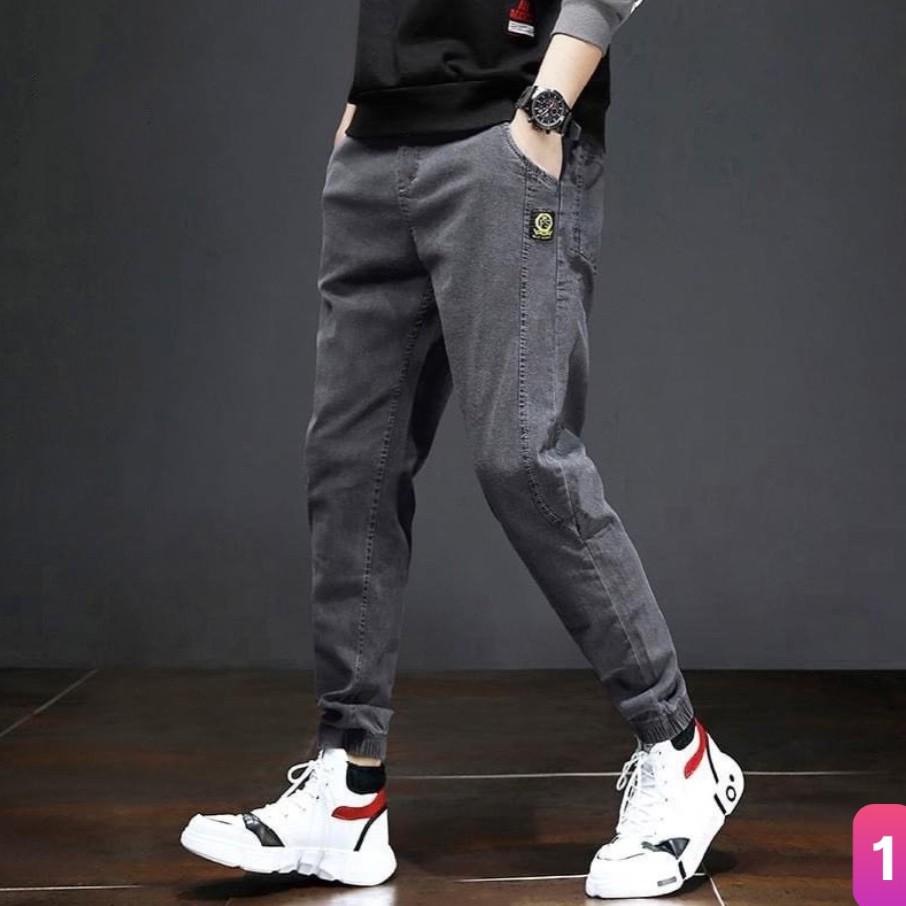 Quần jean jogger nam màu xám đậm trơn bo chân không rách chất bò cao cấp co dãn 4 chiều, rin lưng thun HB06 mẫu mới