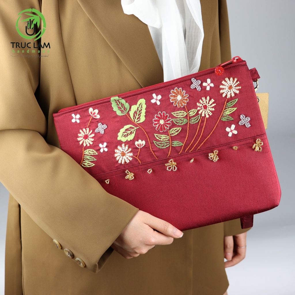 Ví Cầm Tay Đựng Ipad Clutch Vải Tafta Thêu Cành Hoa Hạt Cườm Thủ Công Cỡ To - Trúc Lâm Handmade
