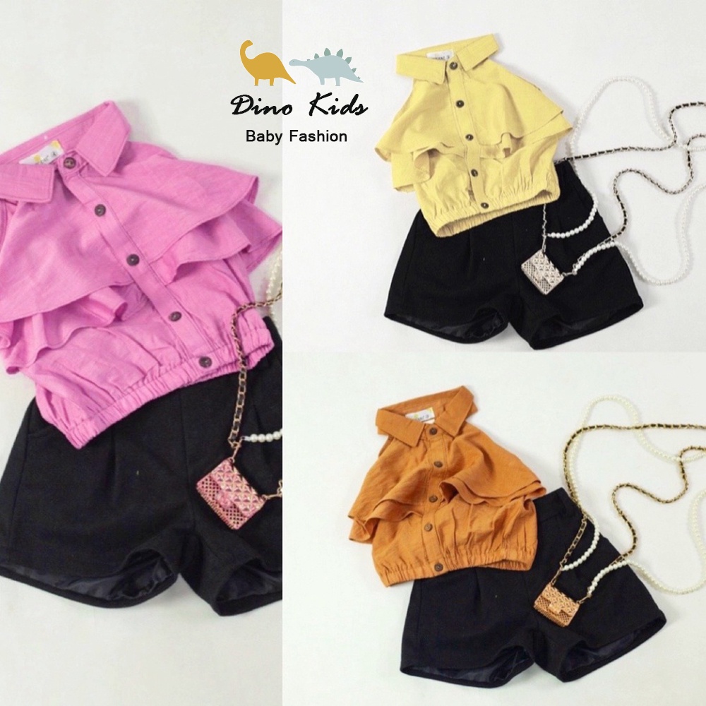 Bộ hè bé gái cổ sơ mi giả yếm 2 lớp, Bộ cổ yếm cách điệu cá tính cho bé gái