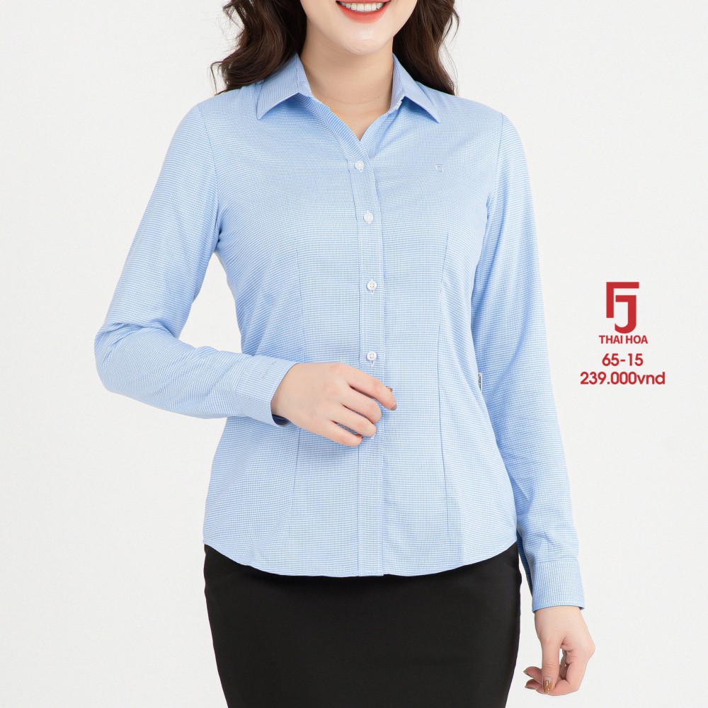 Áo sơ mi nữ Thái Hòa 65-15-01  Áo sơ mi công sở dài tay, màu xanh dương đậm,  vải cotton caro nhuyễn.